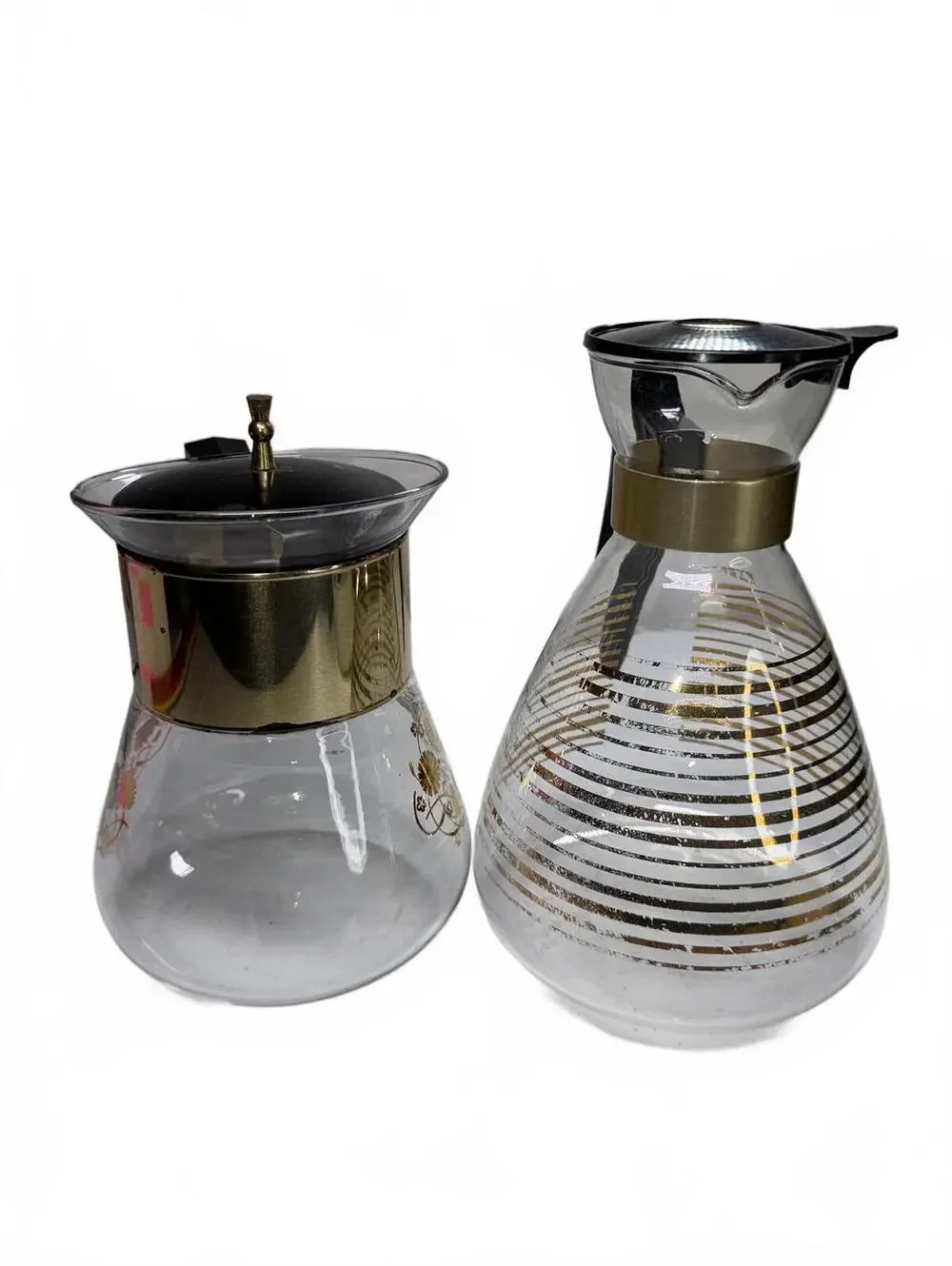 2 1960's Vintage Pyrex Coffee Carafe & Flameware Coffee Pot Lot Gold Mid Century